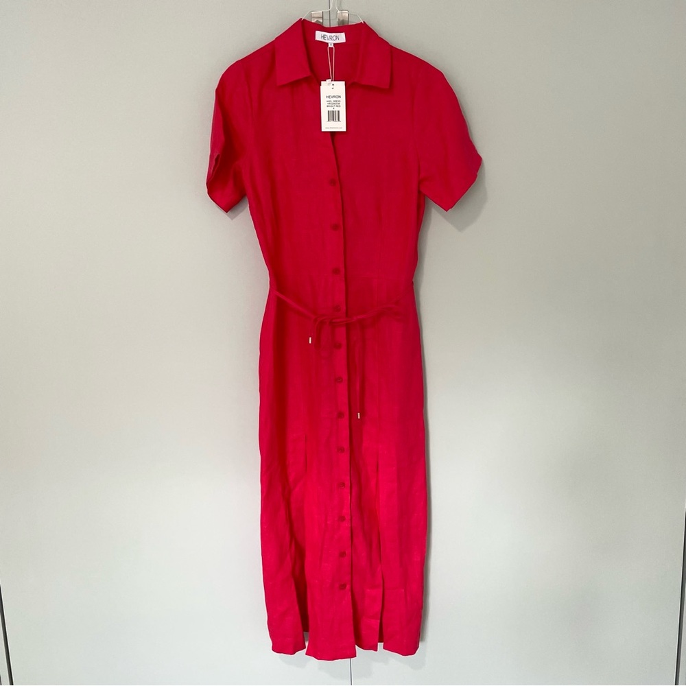 Red Midi Shirt Dress with Front Slits - Picture 3 of 11